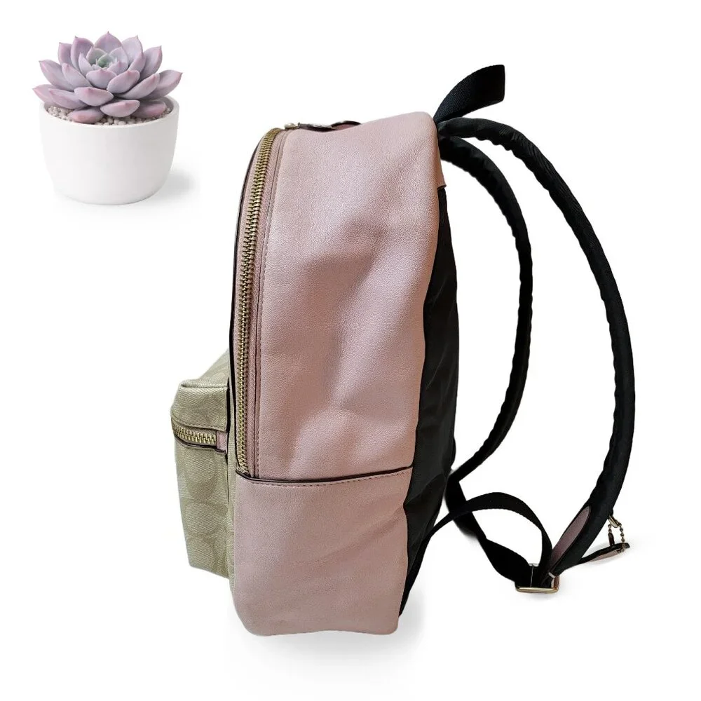 COACH Signature Canvas Mini Backpack Khaki Pink Leather Trim Bag - Picture 3 of 11